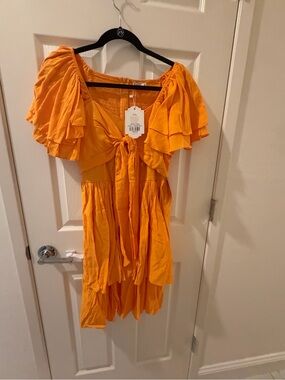 Ivy City Co Bright Orange Ruffle Tie-Front Mini Dress